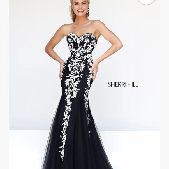 Sherri Hill Black and White Floral Strapless Dress - Picture 1 of 7